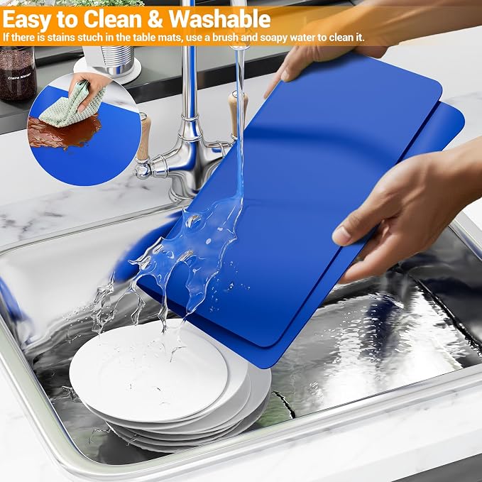2-Pack Silicone Counter Mats 24”x16”, Blue | 1.5mm thick silicone counter protector, heat resistant & non-slip. Works for air fryer, hot pots, pans and coffee maker.