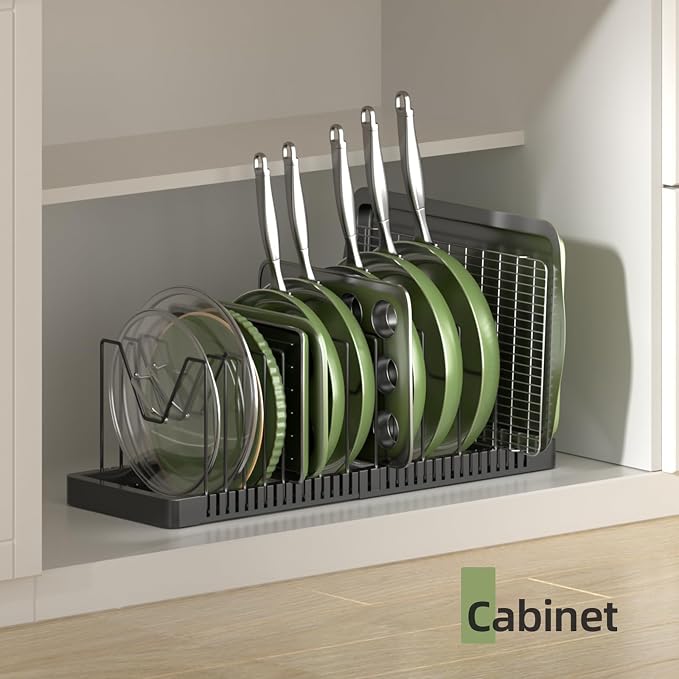 Pots and Pans Organizer under Cabinet, Expandable Pot Lid Organizer Holder with 14 Adjustable Compartment, Pan Organizers inside Cabinet for Lids, Bakeware, Kitchen Storage Pot Rack, Black