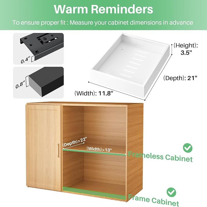Pull out Cabinet Organizer, 21"Deep, 11.8"Wide Full-Extension Heavy Duty Slide out Drawers with Nano Adhesive, Roll Out Shelves Sliding Cabinet for Kitchen, Bathroom, Pantry,Under Sink Storage(White)
