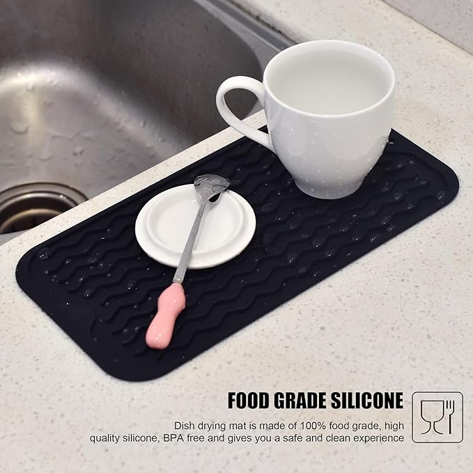 Silicone Dish Drying Mat, Non-Slip Easy Clean Sink Mat, Black, 12" x 6" | Quick-Dry Ridges, Large Heat-resistant Dish Drainer Mat for Kitchen Counter, Hangable & Roll-Up for Storage, Dishwasher Safe