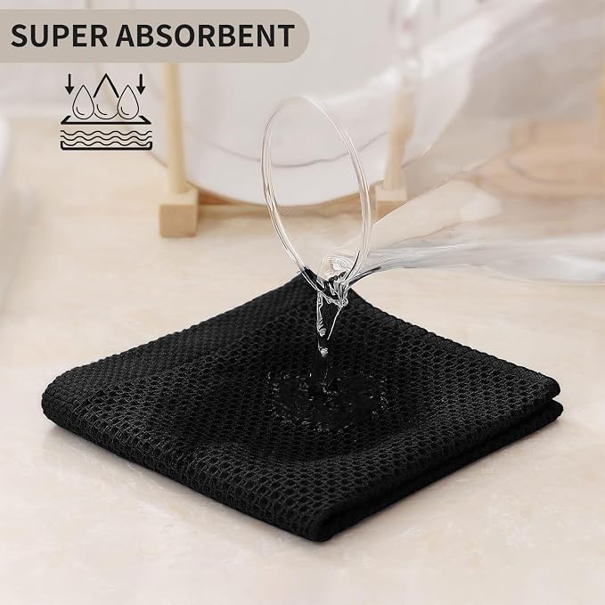 Kitinjoy 100% Cotton Waffle 6-Pack Kitchen Towels, 12" x 12", Black | Ultra Absorbent, Super Soft, lightweight, Quick Drying Dish Rags for Washing Dishes