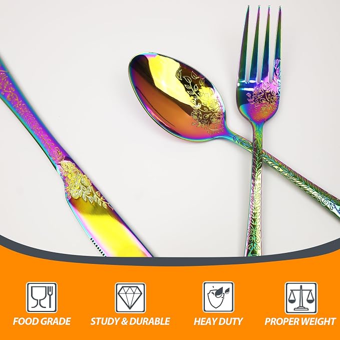 Runfly Modern Carved Floral Rainbow Stainless Steel 20-Piece Flatware Set | Silverware Set, Vintage Utensil Set, Cutlery Set for Home and Kitchen, with Knife/Fork/Spoon