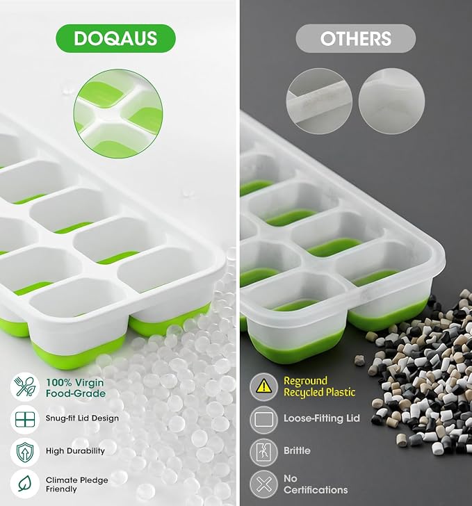 DOQAUS Ice Cube Tray with Lids, 4 Pack Silicone Ice Trays for Freezer | Stackable BPA & LFGB Safe, Easy Release for Kitchen, RV, Cocktail, Coffee, Soup & Food