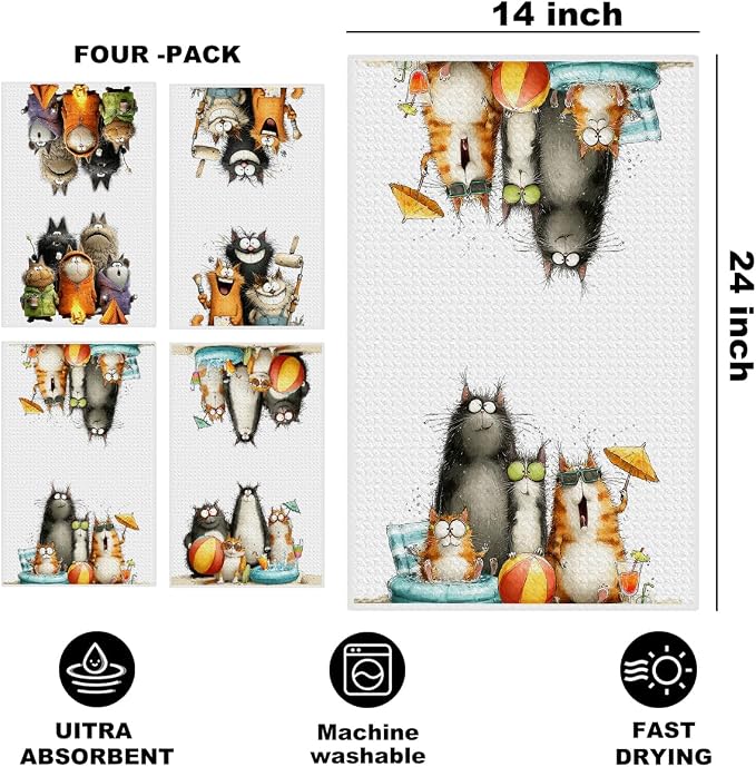 4 Pcs Cute Cat Kitchen Towels, Funny Cats Gifts Absorbent Hand Towels-06 | Cat Dish Cloths for Drying Dishes, Cats Waffle Dish Towels for Kitchen Home Bathroom Decor, Cat Lover Gifts for Women Mom