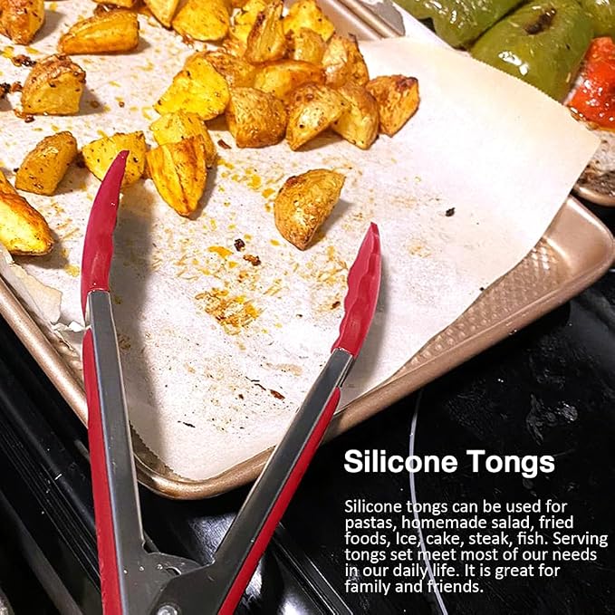9 Inch Cooking Tongs with Silicone Tips Set of 3(Red) | Stainless Steel Handle, Non-Scratch, Heat Resistant