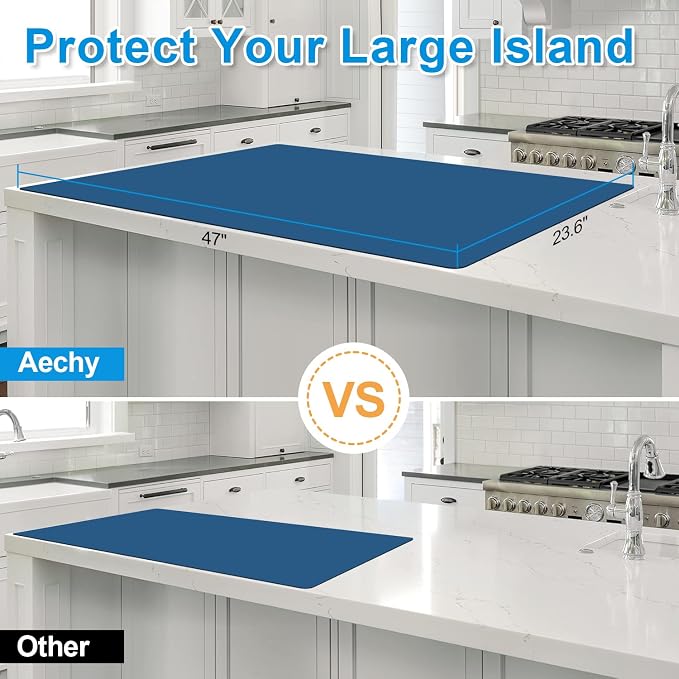 Silicone Mats for Kitchen Counter 47"x23.6"x0.08”, Largest Heat Resistant Mat Shipped Rolled Up Kitchen Island Silicone Countertop Protector Mat Nonslip Extra Large Counter Mat, Blue | Largest Size, Heat Resistant, Nonslip, Extra Large Countertop Prote...