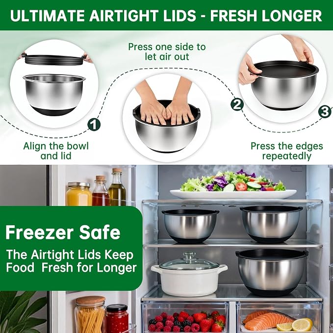 Deedro Mixing Bowls with Airtight Lids, 22Pcs Stainless Steel Mixing Bowls Set, Nesting Bowls with Non-Slip Silicone Base, thicker Metal Bowls for Baking & Prepping, 1.5/2/3/4/5 QT, Black