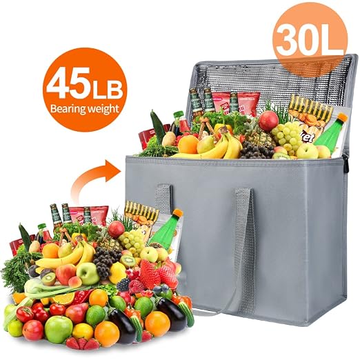 Bodaon 5-Pack Insulated Reusable Grocery Shopping Bags, X-Large Picnic Cooler Bag Cold, Insulated Food/Pizza Delivery Bag, Grey
