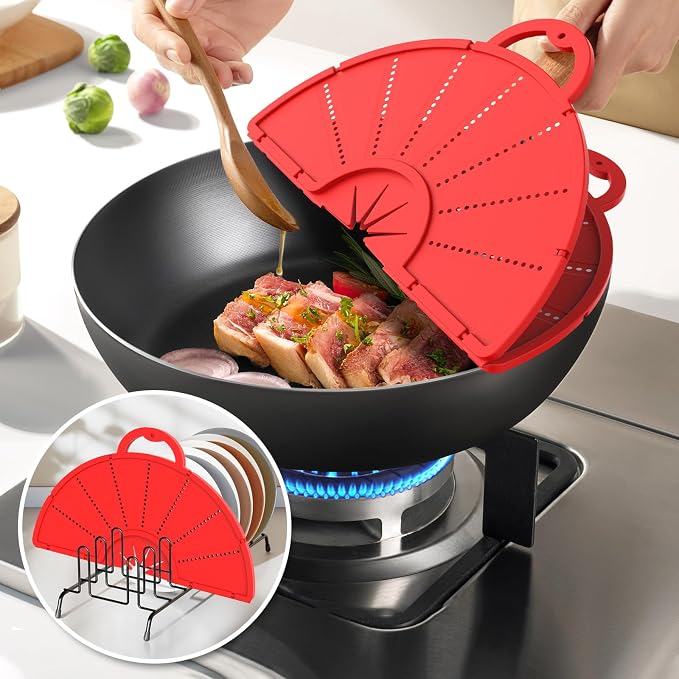 Foldable Silicone Splatter Screen for 10-13'' Pans with Handle,Red| Foldable Splash Guard, Multi-Use Grease Splatter Guard/Trivet Mat,Non-Stick Oil Splatter Guard,BPA-Free,Dishwasher Safe