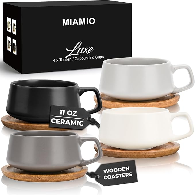 MIAMIO - Cappuccino Cup Set of 4, Ceramic (9.5oz) - Luxe (Classic Pastel) | Ceramic cappuccino cups and saucers, wide latte cups and mugs for Americano, 4-piece set of ceramic cups - dishwasher safe
