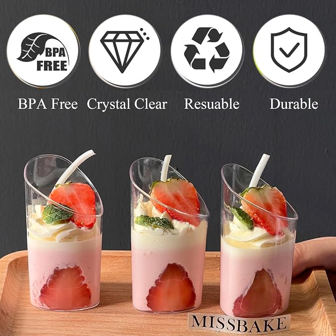 Hiasobre 3 oz Plastic Dessert Cups with Spoons, 50 Pack | Clear Mini Reusable Slanted Triangle Parfait Appetizer Cups, Small Shooter Serving Bowls, Dessert Shot Glasses for Tasting