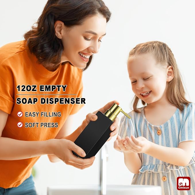 GMISUN Gold Hand Soap Dispenser, Black Glass Soap Dispenser with Gold Pump for Bathroom, 12 fl oz/350ml Refillable Dish Dispensers for Kitchen, Modern Liquid Lotion Bottles for Countertop