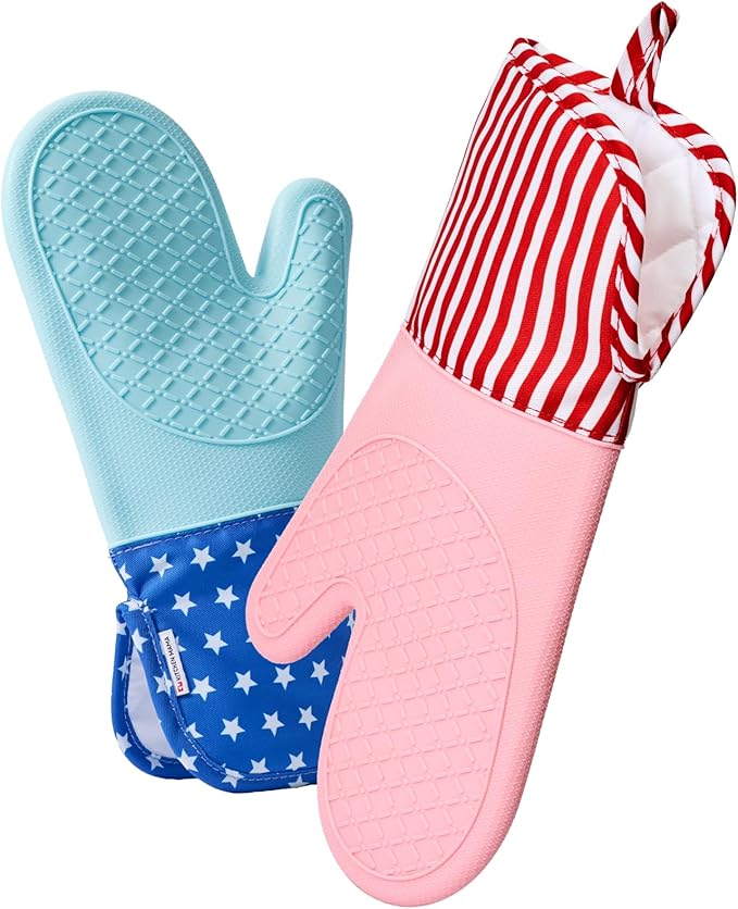 Kitchen Mama UltraShield Silicone Oven Mitts, USA Flag | Heat Resistant, Non-Slip Surface, Waterproof, Flexible, Durable
