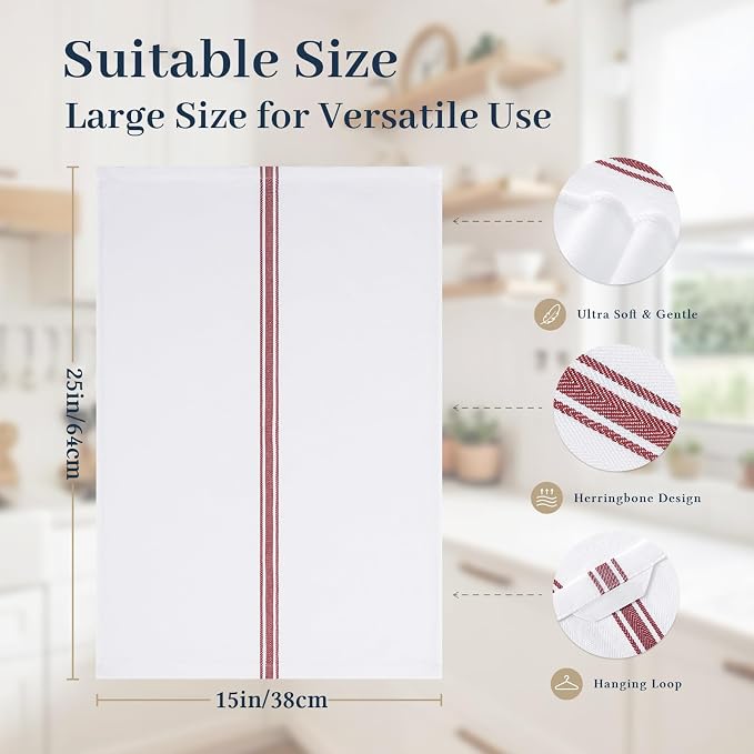 Homaxy 100% Ring Spun Cotton Kitchen Towels 6 Pack, Red Stripe | 15 x 25 Inch, Highly Absorbent Dish Towels for Kitchen Drying, Reusable Cleaning Cloths, Soft Tea Towels with Hanging Loop