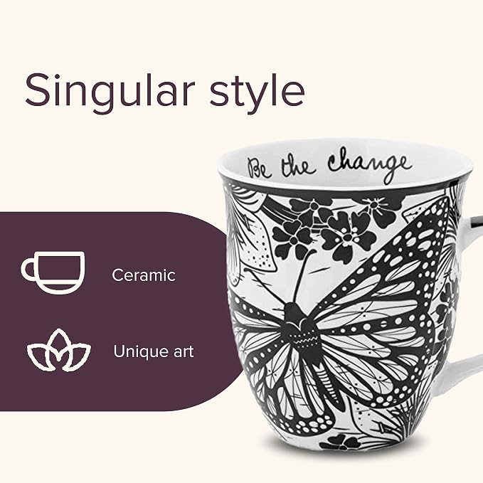 Karma Gifts 14 oz Black and White Boho Mug Butterfly - Cute Coffee and Tea Mug - Ceramic Coffee Mugs for Women and Men