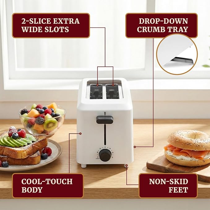 Elite Gourmet ECT-1027 Cool-Touch Toaster, Extra-Wide 1.5" Slots, White | 7 Toast Settings & Cancel Function, Slide-Out Crumb Tray, Fits Bagels, Waffles, Specialty Breads, Puff Pastry & Snacks