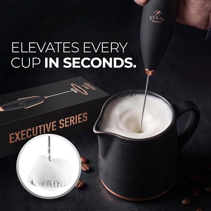 Zulay Kitchen Powerful Milk Frother Wand With Duracell Batteries - Ultra Fast Handheld Drink Mixer - Electric Whisk Foam Maker for Coffee, Lattes, Cappuccino & Matcha - Z1 Motor - Exec Black Copper