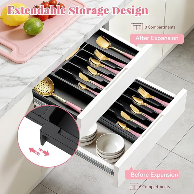 30 Pieces Silverware Set with Organizer, Stainless Steel Cutlery Set Flatware Set for 6 Person, Tableware Set Includes Dinner Knives Forks Spoons Teaspoons Butter Knives (Pink Gold-30PCS)