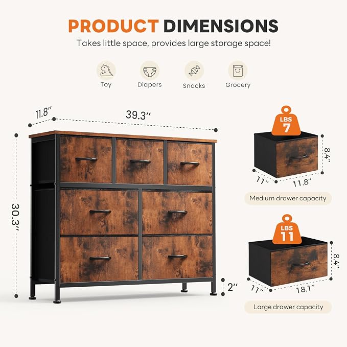 Sweetcrispy 7 Drawer Dresser for Bedroom Storage with Fabric Bins, Brown | Anti-Tip Closet Organizer, Wooden Top and Sturdy Steel Frame, Spacious Drawers for Clothes Storage, Hallway Entryway