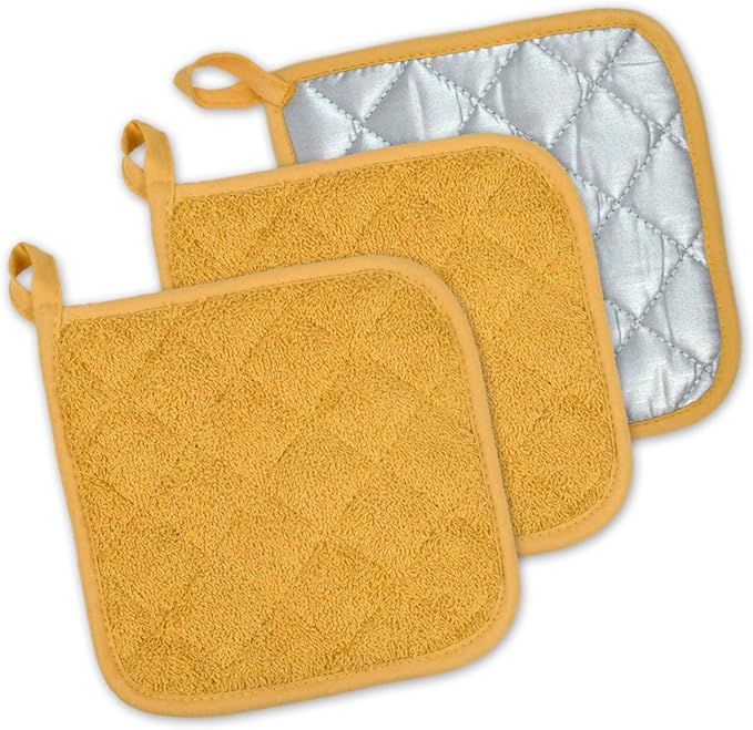 DII Basic Terry Collection Quilted 100% Cotton, Potholder, Mustard, 3 Piece
