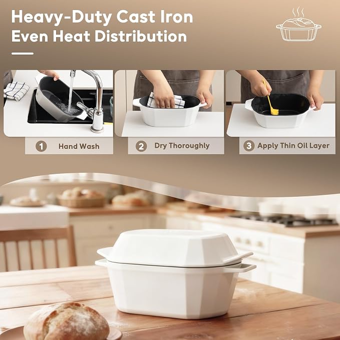 Enameled Cast Iron Sourdough Bread Oven – Dutch Oven for Sourdough, Oval Cast Iron Bread Pan with Lid，Loaf Cast Iron Dutch Oven for Baking (3.3QT-White）
