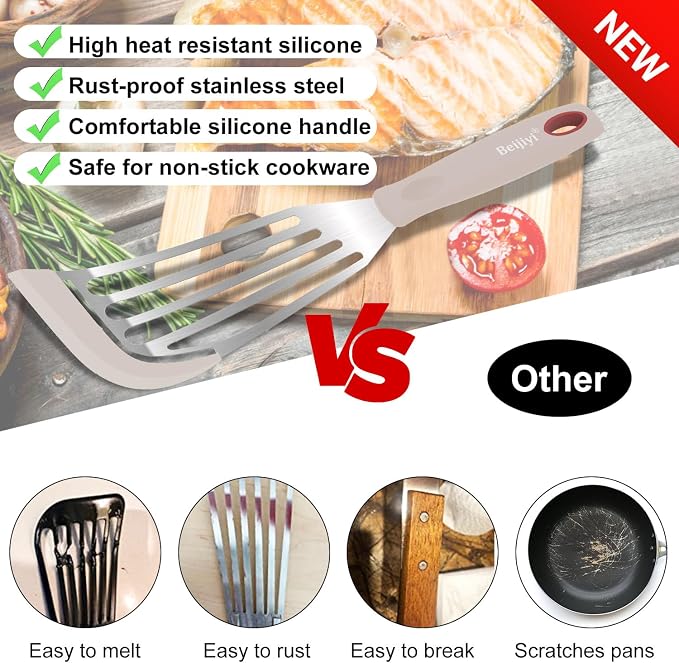 Beijiyi 2-Piece Silicone Fish Spatula for Nonstick Cookware, Heat Resistant | BPA Free, Flexible & Thin Edge, Scratch-Free, Slotted Turner, Kitchen Use, Cooking Flipper for Egg, Pancake, Dishwasher Safe