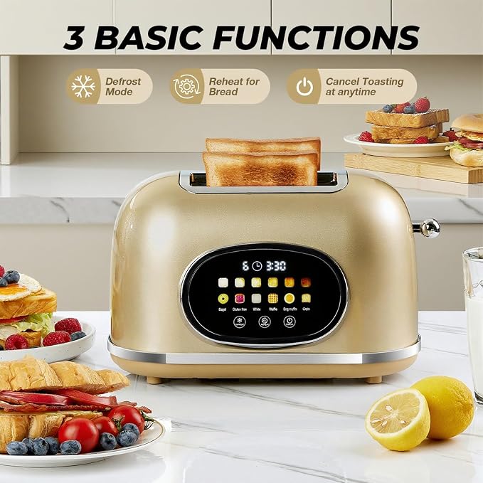 Roter Mond Smart 2 Slice Toaster, Touchscreen, Bagel Defrost, Gold | Retro stainless steel, digital timer & sleep mode, 6 bread types & shades, defrost/reheat/cancel,even toasting wide slots