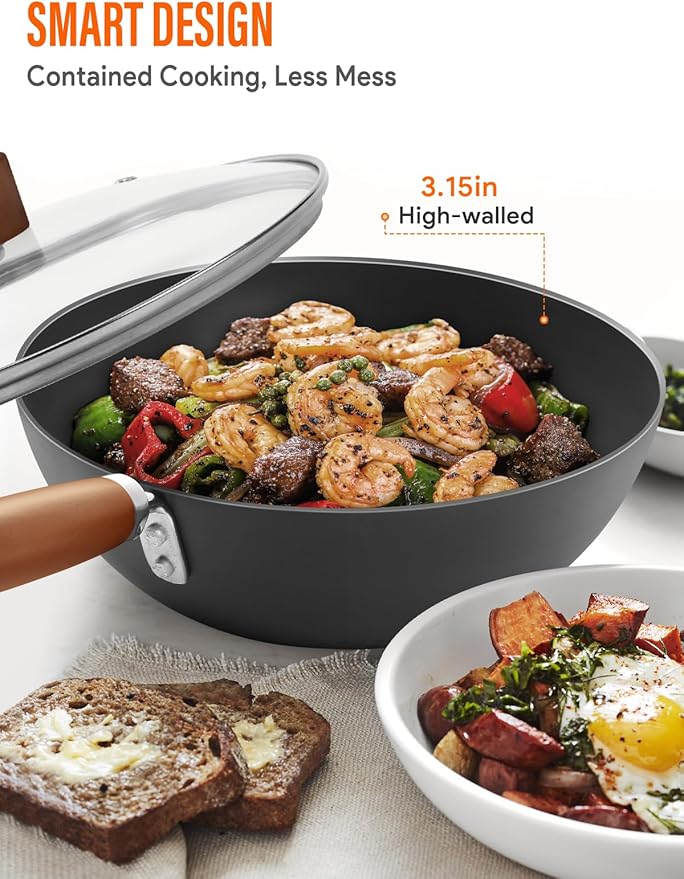 Carbon Steel Wok Pan, Flat Bottom Small Wok | Authentic Chinese Stir-Fry Pans Set with Glass Lid, 1.65lb Lightweight, Small Wok for 1-2 Servings. Wok with Lid