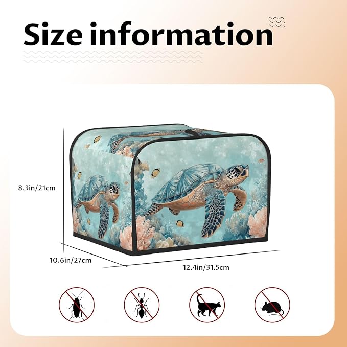 4 Slice Toaster Cover Turtle Sea Coral Ocean Dust Proof Washable Kitchen Appliance Cover with Pocket, Oxford Fabric Countertop Toaster Protector for Standard Toasters Small Appliances