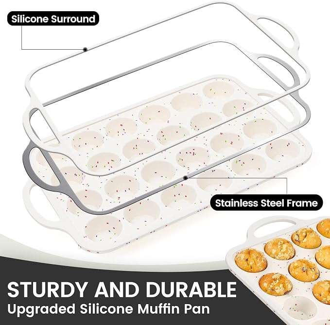 Vinino Mini Muffin Pan with Metal Reinforced Frame-1Pack, Silicone Cupcake Pan for Baking 24 Cup Mini Size, BPA Free Silicone Muffin Tray, Cupcake Baking Pan Molds for Oven Dishwasher Safe-Cream