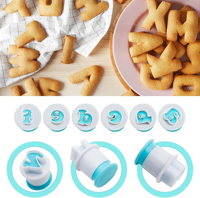 26PCS/Set Cookie Stamp Impress Cookie Cutters Alphabet Letter Cake Biscuit Mold Letter Shape DIY Cookie Biscuit Alphabet Cake Tool Embosser Cutter (Lower Case Shape with Number)