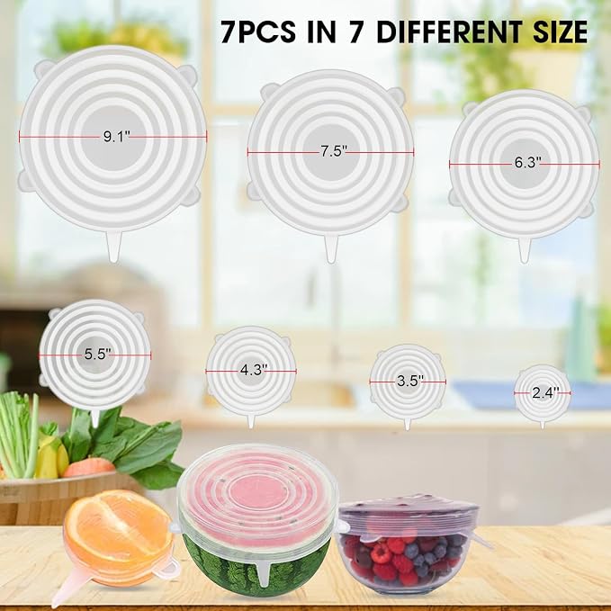 Reusable Silicone Stretch Lids for Food Storage – Elastic Bowl Covers Fit Round & Rectangle Containers, Jars, Cups – Heat-Resistant, Dishwasher Safe, Premium Kitchen Gadgets (7-Piece Set)