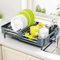 Urackify Extendable Stainless Dish Drying Rack for Kitchen Counter | 13.78"W x 18.7"L, Foldable Drainboard for Space Saving, Knife and Utensil Holder, Fast-draining Spout, Dark Slate Teal