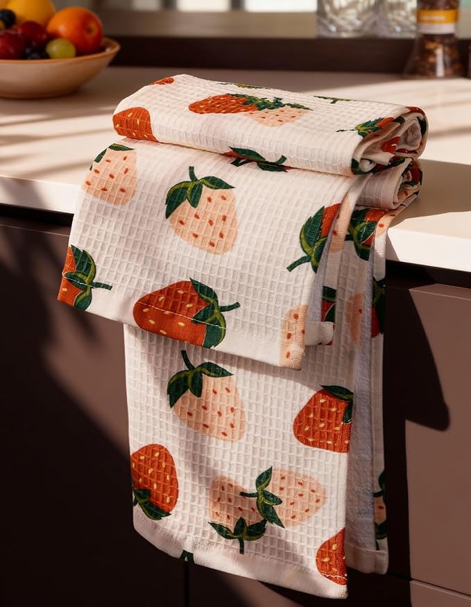 370GSM Cotton Waffle Kitchen Towels, Strawberry | Pure Cotton, Sustainable, Waffle Weave, Terry Cloth, Highly Absorbent, Decorative, 16"x25", with Hanging Loop