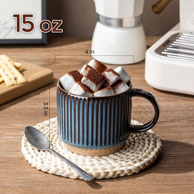 GBhome 15 OZ Stackable Coffee Mugs Set of 4, Ceramic Coffee Cups Set | 4 Assorted Designs, Embossed Mugs with Texture Patterns for Tea/Coffee, Dishwasher&Microwave Safe, Deep Sea