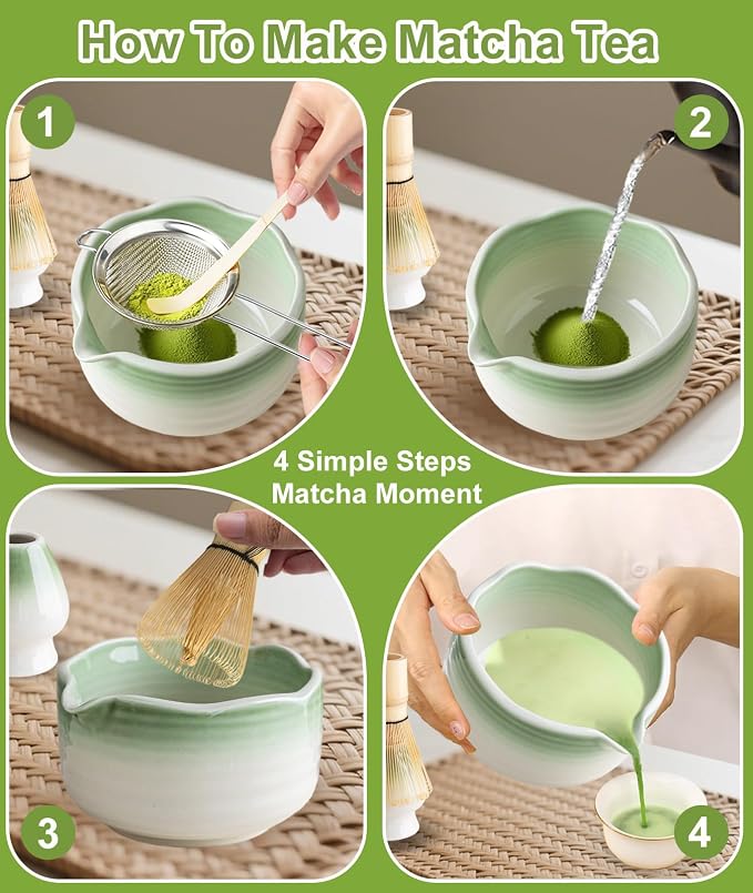 JBER Matcha Set, 7PCS Matcha Whisk Set with Bamboo Whisk for Matcha Starter | Ceramic Matcha Kit Includes 17oz Bowl, Whisk (Chasen) 100 Prongs, Holder, Spoon, Sifter for Matcha Beginners, Gradient Green