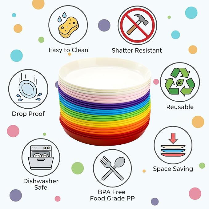 Frcctre 24 Pack Kids Plastic Plates, 7 Inch Small Unbreakable Children Dinner Plates Set BPA Free Reusable Snack Salad Plate for BBQ, Travel, Events, Dishwasher Safe, 8 Colors