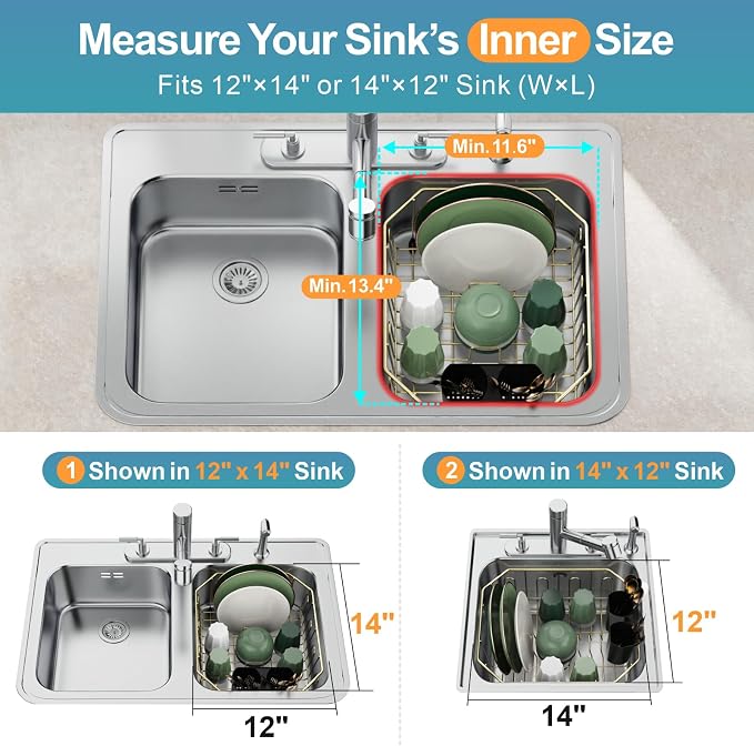 Small in Sink Dish Drying Rack - Stainless Steel for RV Kitchen | Compact Design for Apartments, Angled Corners Fit Square & Round Sinks, Utensil Holder, Cup Hooks, 1-2 Person, 11.6" x 13.4"