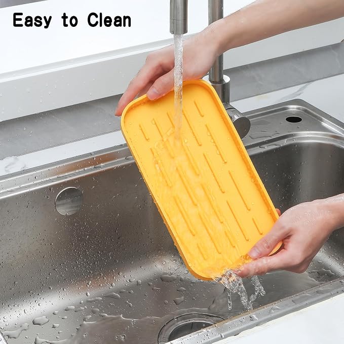 MicoYang Silicone Kitchen Sink Organizer Tray for Multiple Usage,Easy Clean,Eco-Friendly Sponges Holder for Kitchen Bathroom Counter or Sink,Dish Soap Dispenser,Scrubber,Bottle,Cup Yellow 10”x 5.3”