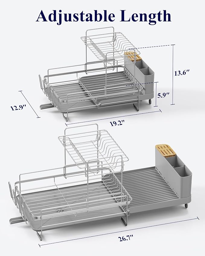 Kitsure Extendable Dish Drying Rack, 19.2"-26.7" L x 12.9" W, 2-Tier | Large Dish Rack, Multifunctional Dish Rack for Kitchen Counter, Anti-Rust Dish Drainers with Cutlery & Cup Holders,Grey