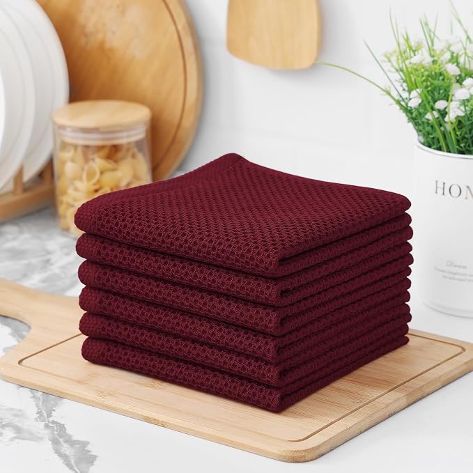 Kitinjoy 100% Cotton Waffle 6-Pack Kitchen Towels, 12" x 12", Burgundy | Ultra Absorbent, Super Soft, lightweight, Quick Drying Dish Rags for Washing Dishes