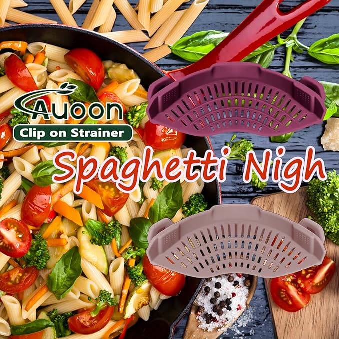 AUOON Clip On Strainer Silicone for Pots, Standard 8.86 x 3.55in, Cherry | Food-grade BPA-free, Fits Pots Pans Bowls, Dishwasher Safe, for Pasta Noodles Vegetable Fruits, Space-saving Kitchen Gadget