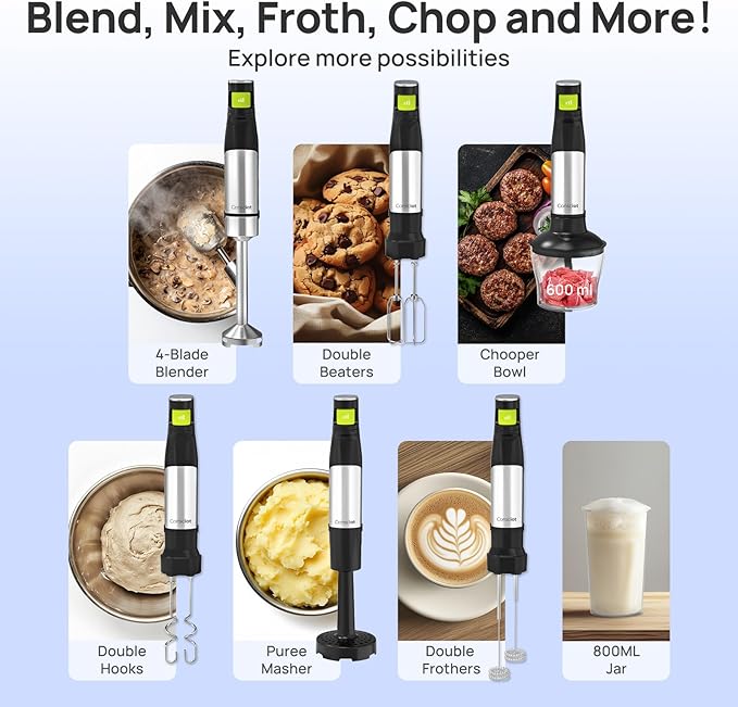 Consciot 7-in-1 Immersion Blender Handheld Max 1100W, Trigger Speed Control | Stick Emulsifier with Entire Stainless Steel Blender Shaft, 800ml Beaker, 600ml Chopper, Beaters, Frothers, Hooks & Masher