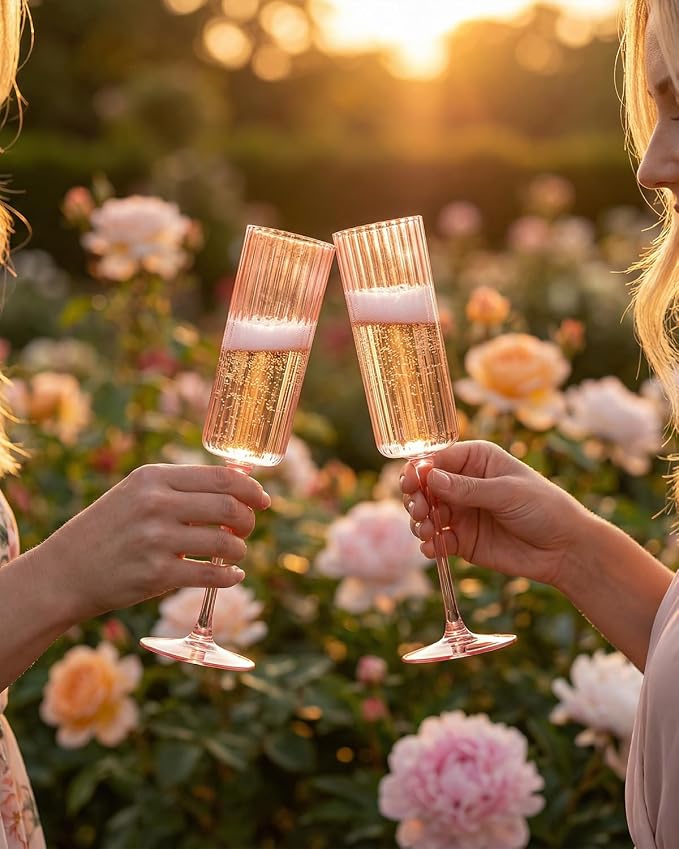 Ciaell 24 Pack Pink Plastic Champagne Flutes for Mimosa Bars | 6 oz Pink Long Stem Vintage Ribbed Mimosa Glasses, Heavy Duty Plastic, Champagne Mimosas Wine Cocktails for Weddings Parties