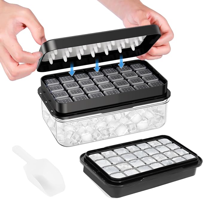 Ice Cube Tray with Lid and Bin, Easy Release 28 Cubes for Freezer | Food-grade BPA-free PP and ABS. Ice cubes for fruit, cocktails, iced coffee. Space-saving stackable with scoop