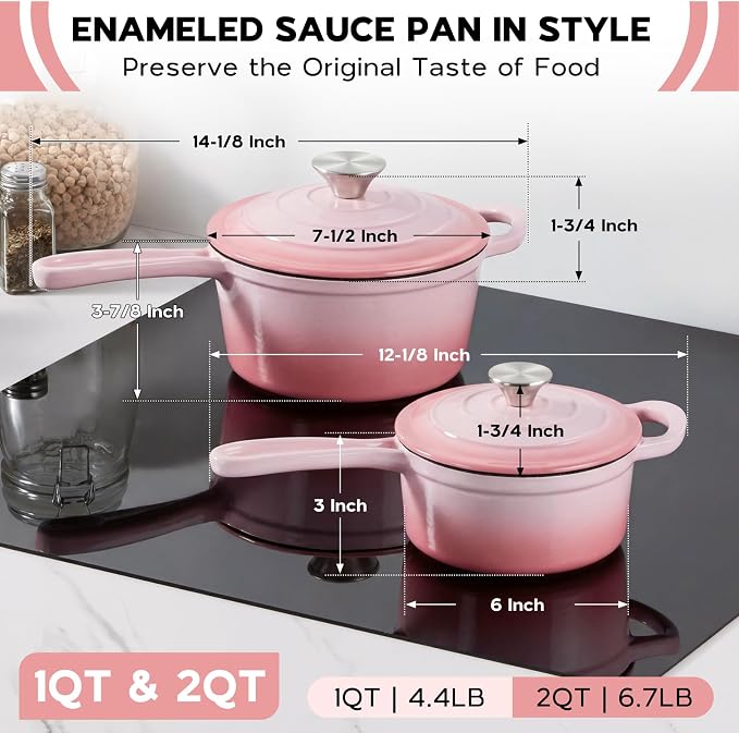 Onader Cast Iron Sauce Pan Pot, 1QT & 2QT Small Saucepan with Lid, Enameled Cast Iron Dutch Oven Cooking Kitchen Pot – Pink