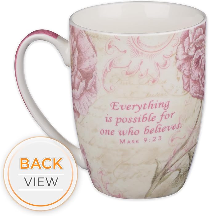 Christian Art Gifts Botanic Pink Butterfly Ceramic Coffee Mug – Inspirational Coffee Cup for Women & Men 12 oz. Lead-free Microwave and Dishwasher Safe Coffee Mug with Bible Verse: Believe - Mark 9:23