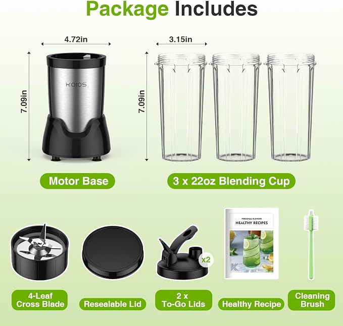KOIOS Personal Blender for Smoothies with 3 x 22oz To-go Cups, BL319B Black | 22000 RPM Detachable Blade Countertop Blenders for Kitchen. Ideal for Baby Food, Protein Shakes, Ice Crushing & Fresh Juice