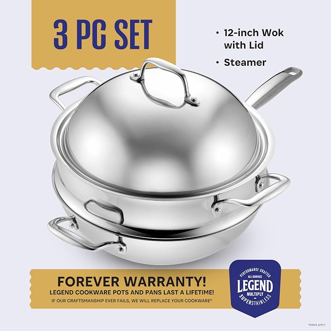LEGEND COOKWARE 5-Ply Stainless Steel Wok Set, 12-Inch 5-Quart with Lid and Steamer - Induction Compatible, Oven Safe 800°F - Non-Toxic, No Coatings - Even Heating - Built to Last Generations