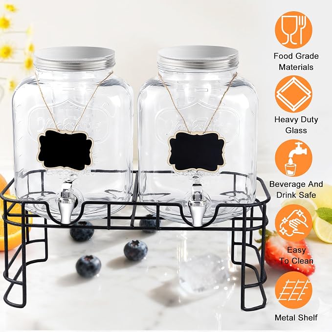 1.5 Gallon Glass Drink Dispensers For Parties-Set of 2,Drink Dispenser with Fruit Infuser & Stand,Juice or Beverage Dispenser for BBQ, Picnic, Party,Water Dispenser Laundry Detergent Dispenser